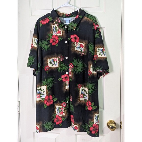 Liz & Me Hawaiian Button Shirt Womens Plus 3X Black Hibiscus Tropical Fiji Palm - Picture 1 of 5